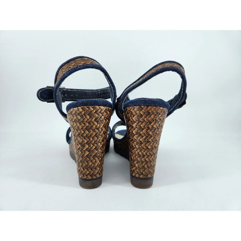 Skechers Wedge Sandals Women 9‎ Blue Denim Brown Woven Platform 38268